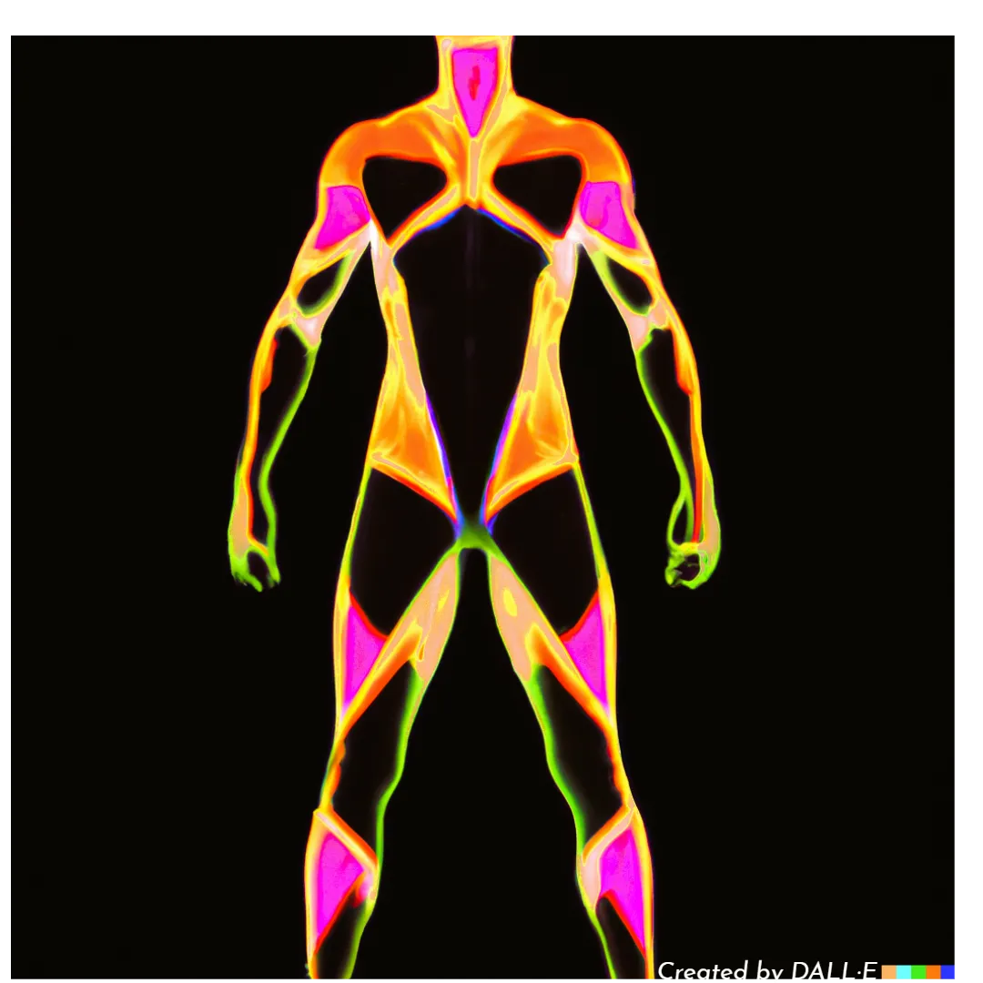 Glowing neon outline of a muscular human figure standing front-on, in orange, magenta and green on a black background
