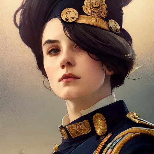 AI-generated portrait of a dark-haired woman in a navy uniform with gold insignia and a matching cap