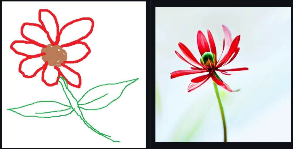 A crude hand-drawn red flower with green leaves beside a photorealistic red flower generated from it